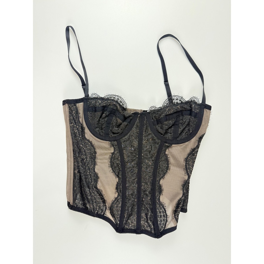 Black Lace Mesh Corset Top Underwire Bustier‎ Boning Nude Lining Small